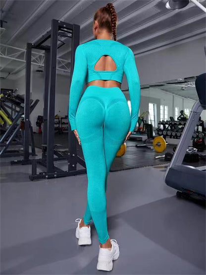 2Pcs Sports Suits Long Sleeve Hollow Design Tops and Butt Lifting High Waist Seamless Fitness Leggings Sports Gym Sportswear Outfits Clothing