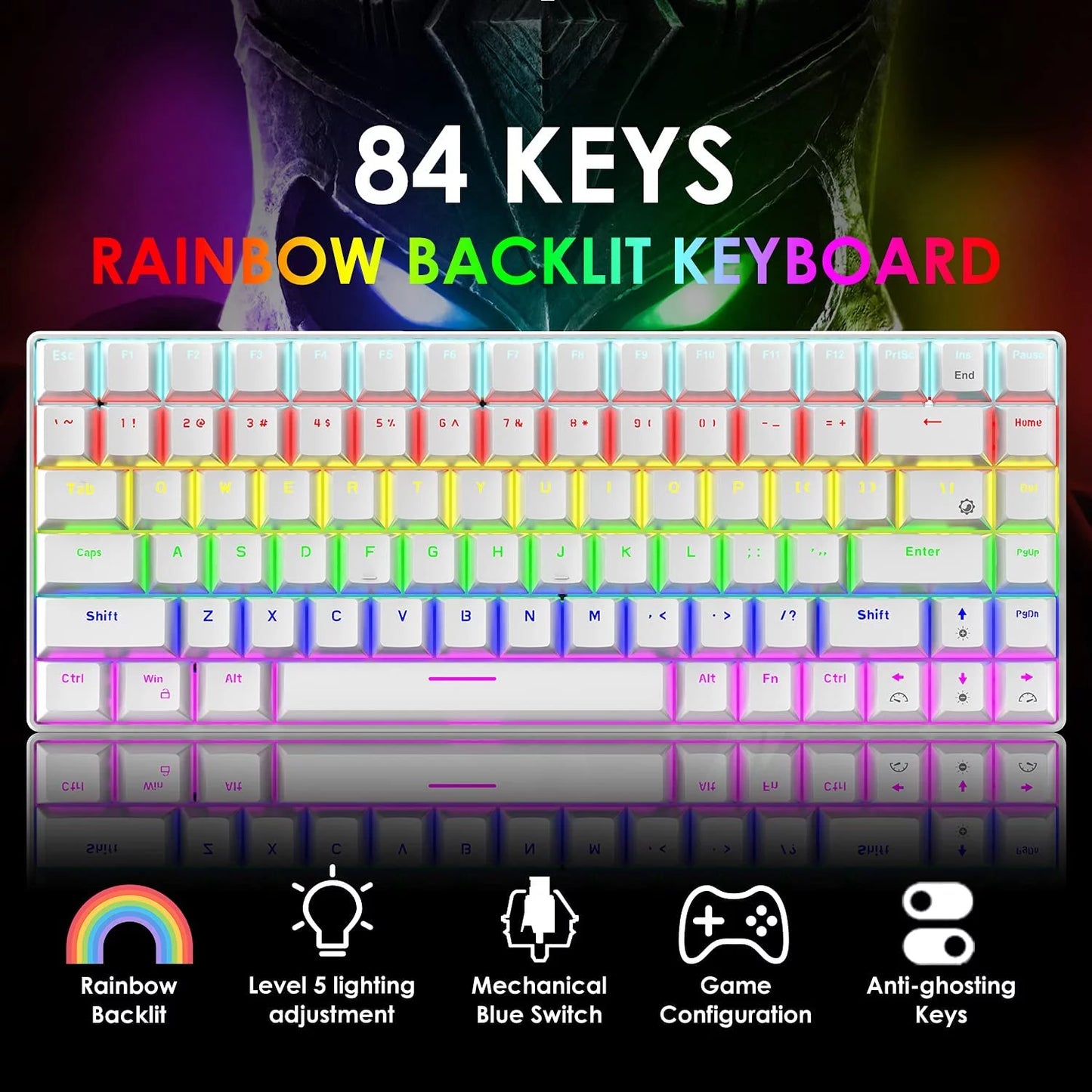 Wired Gaming Keyboard Rainbow Backlit Mechanical Keyboard Type-C 84 Keys Full Keys Anti-Ghosting for PC Gamers Work Office Blue Switch & Red Switch