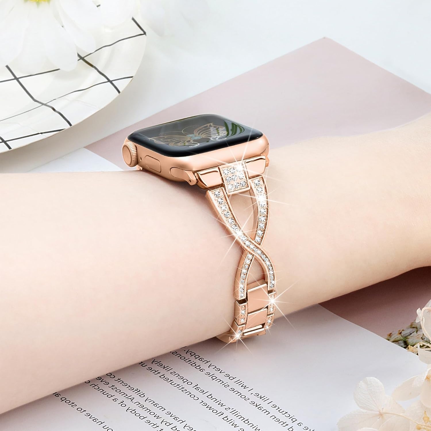 Dressy X Band for Apple Watch Bands 40Mm for Women with Bling Diamond Case, Metal Thin Iwatch Bands for Women, Designer Cute Band for Apple Watch SE Band Series 6 Band Series 5 4-Rose Gold