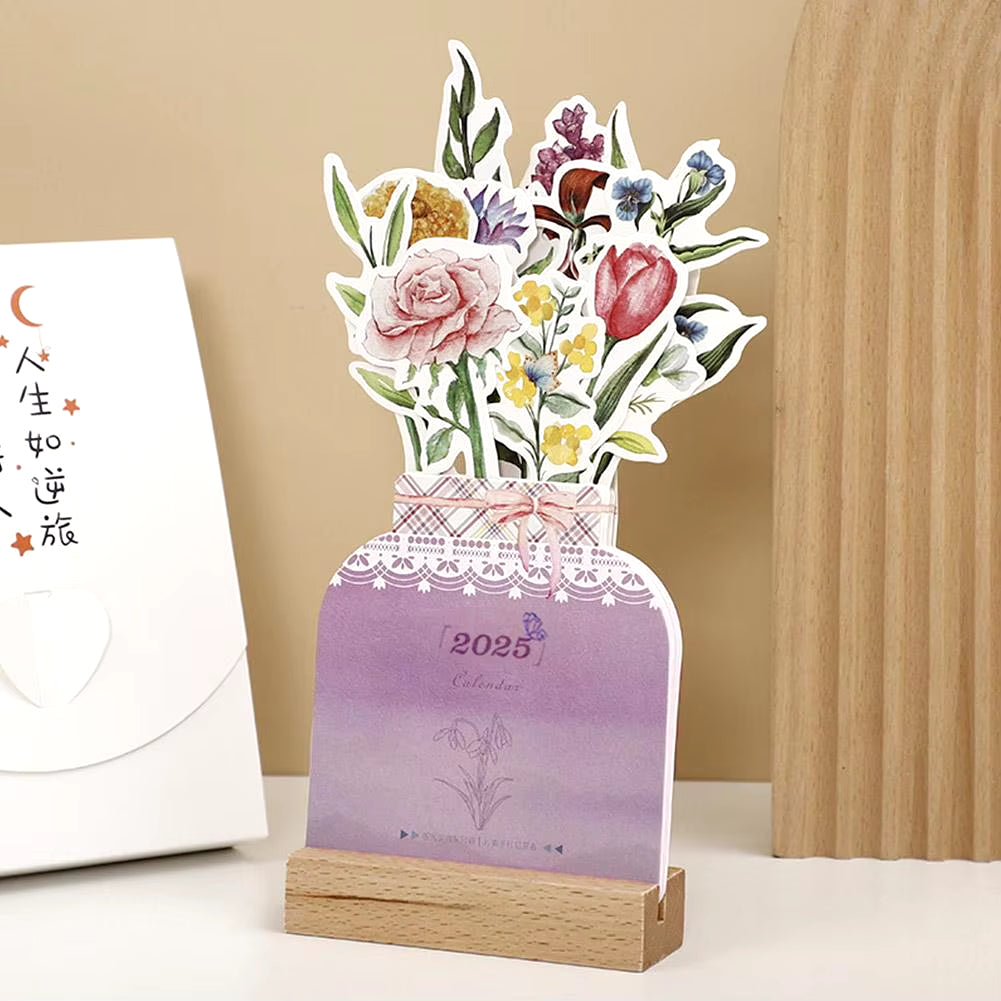 2025 Bloomy Flower Desk Calendar Creative Wooden Card Calendar High Quality Desktop Calendar Illustrator Decorate Supplies