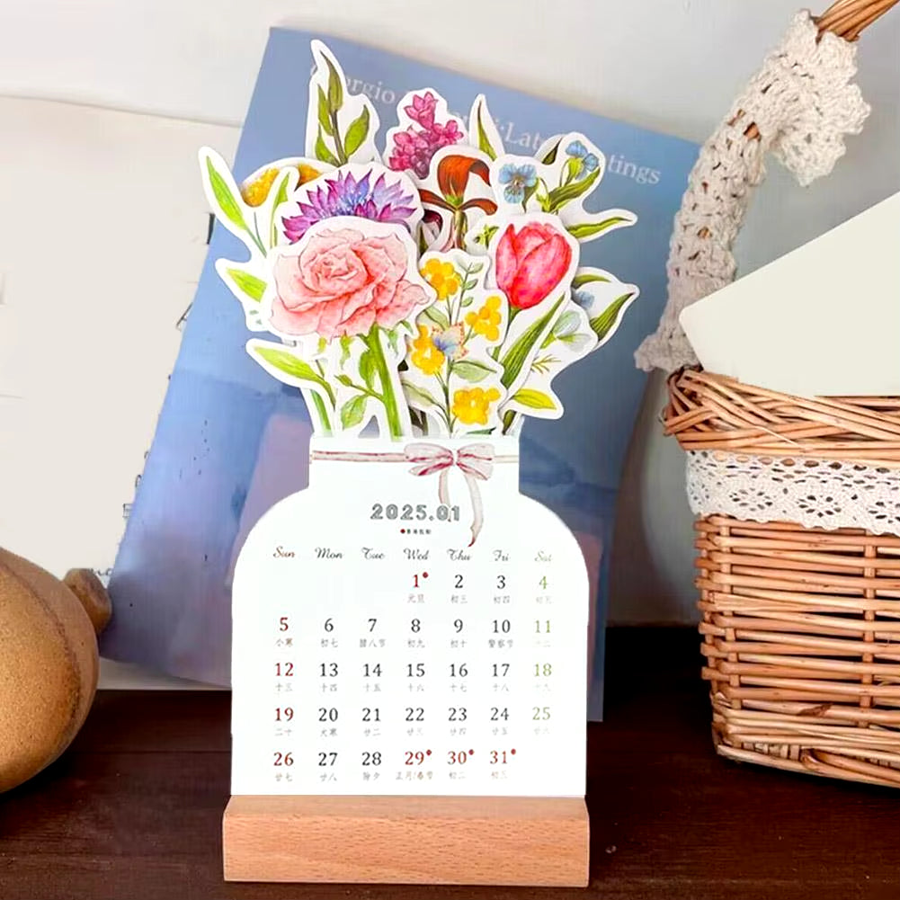 2025 Bloomy Flower Desk Calendar Creative Wooden Card Calendar High Quality Desktop Calendar Illustrator Decorate Supplies