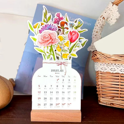 2025 Bloomy Flower Desk Calendar Creative Wooden Card Calendar High Quality Desktop Calendar Illustrator Decorate Supplies