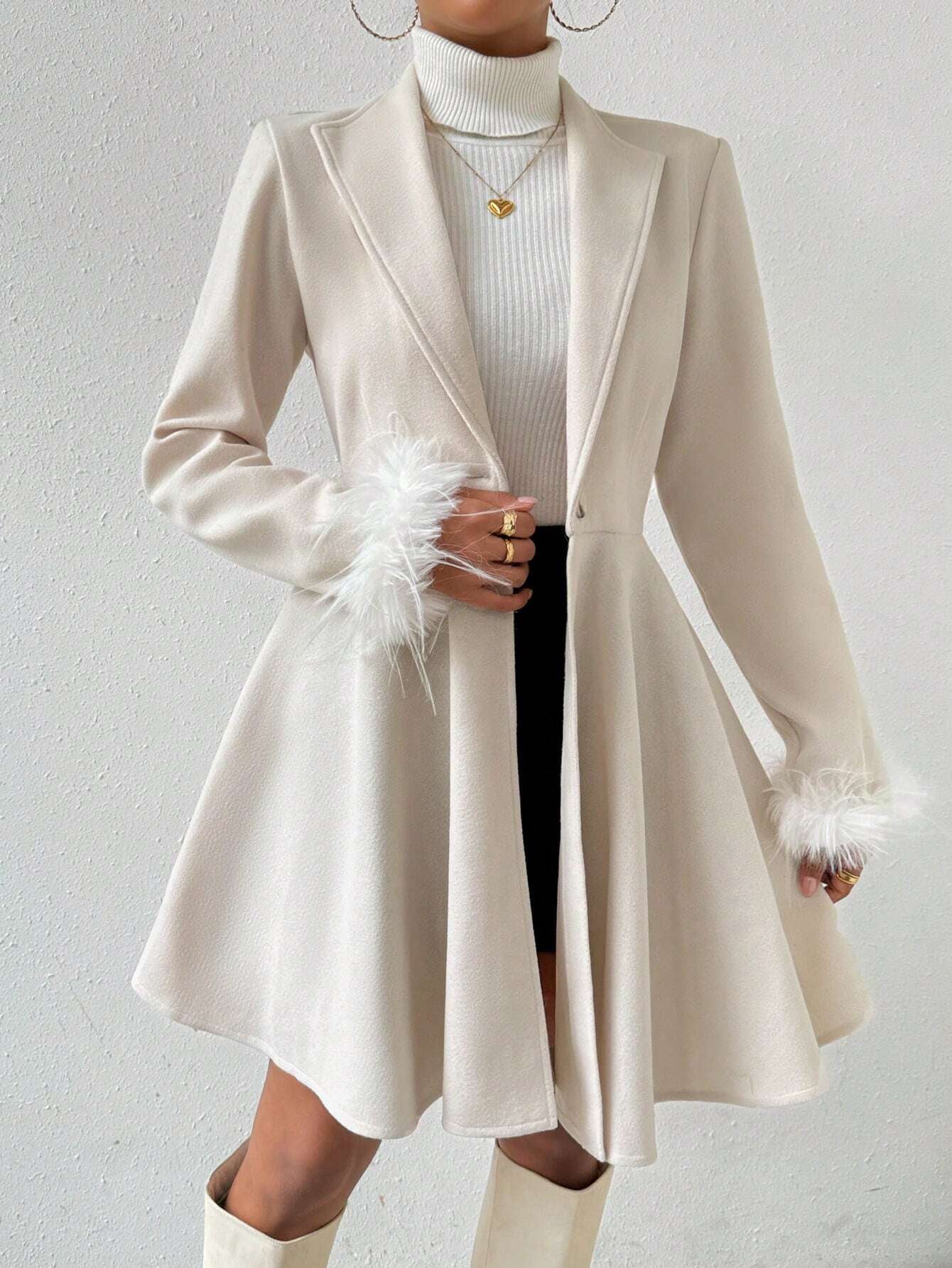 Privé Solid Color Wool Coat with Fringed Cuff and Single Button Closure