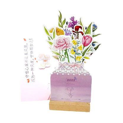 2025 Bloomy Flower Desk Calendar Creative Wooden Card Calendar High Quality Desktop Calendar Illustrator Decorate Supplies