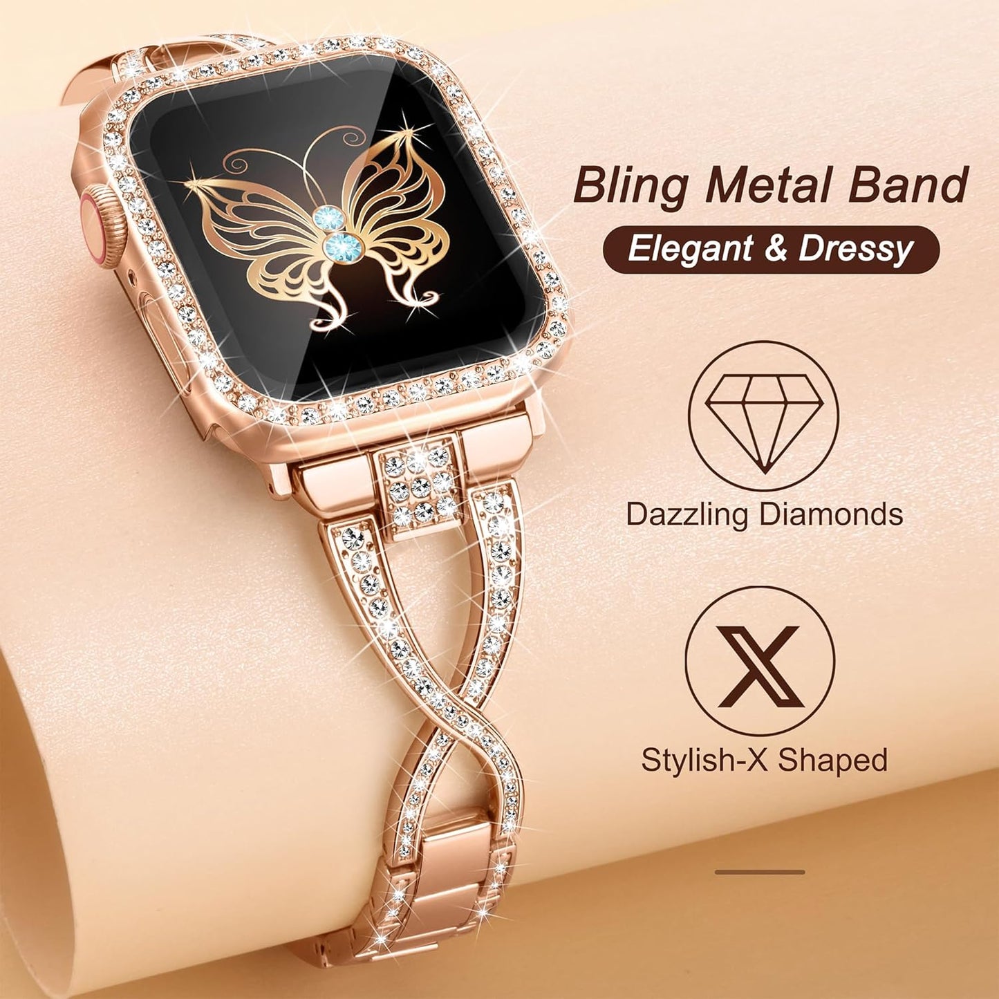 Dressy X Band for Apple Watch Bands 40Mm for Women with Bling Diamond Case, Metal Thin Iwatch Bands for Women, Designer Cute Band for Apple Watch SE Band Series 6 Band Series 5 4-Rose Gold