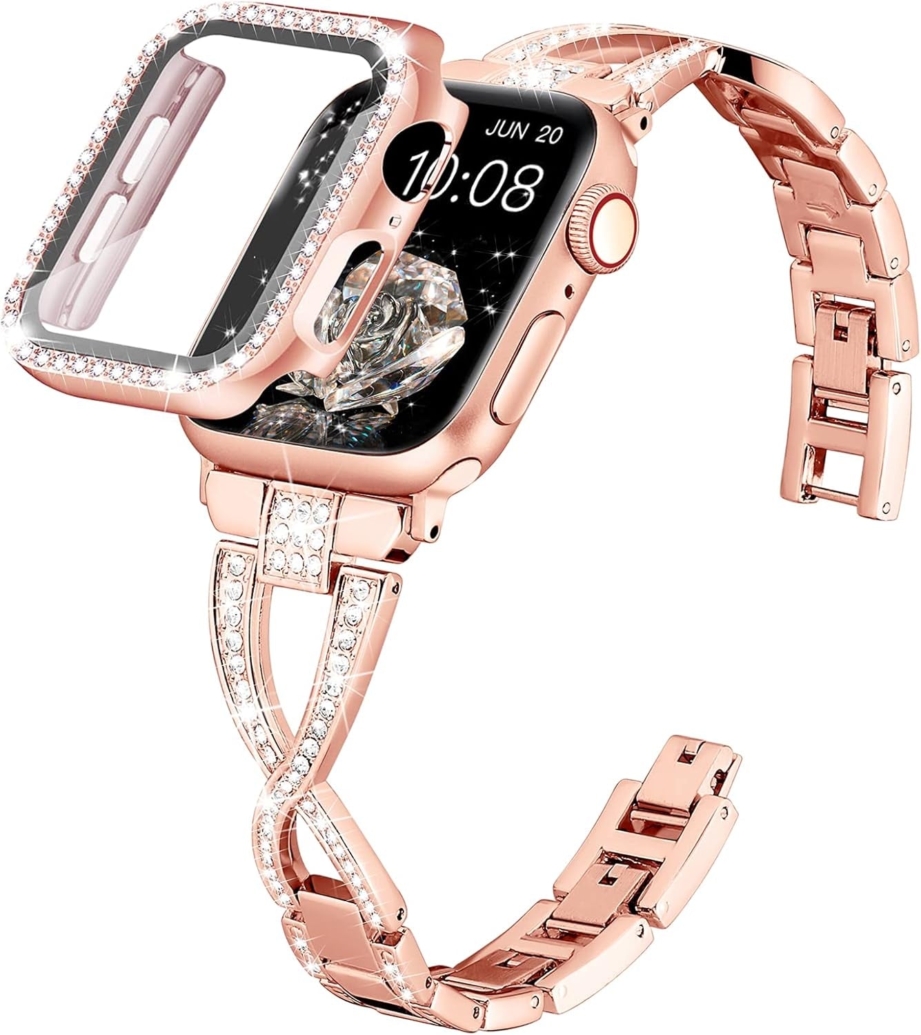 Dressy X Band for Apple Watch Bands 40Mm for Women with Bling Diamond Case, Metal Thin Iwatch Bands for Women, Designer Cute Band for Apple Watch SE Band Series 6 Band Series 5 4-Rose Gold