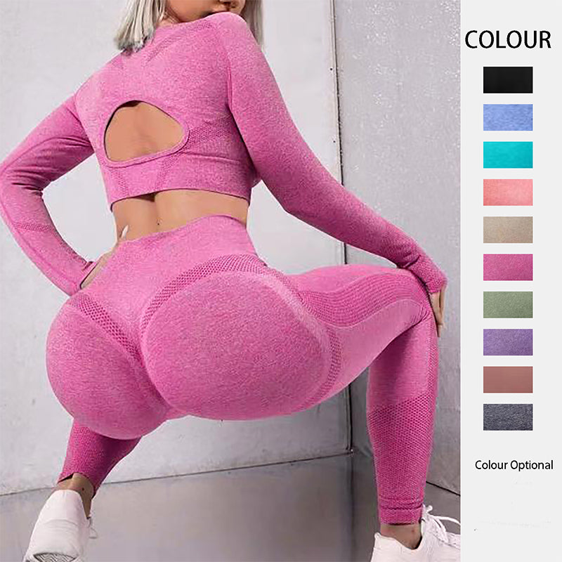 2Pcs Sports Suits Long Sleeve Hollow Design Tops and Butt Lifting High Waist Seamless Fitness Leggings Sports Gym Sportswear Outfits Clothing