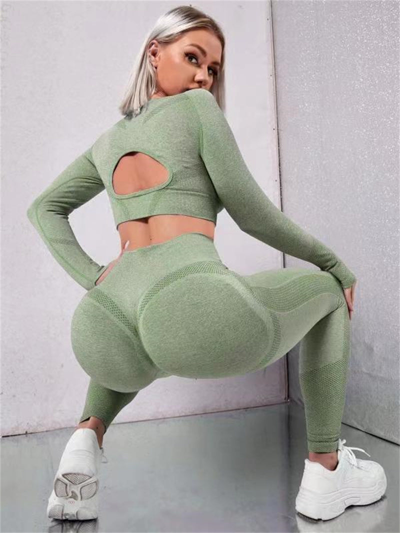 2Pcs Sports Suits Long Sleeve Hollow Design Tops and Butt Lifting High Waist Seamless Fitness Leggings Sports Gym Sportswear Outfits Clothing