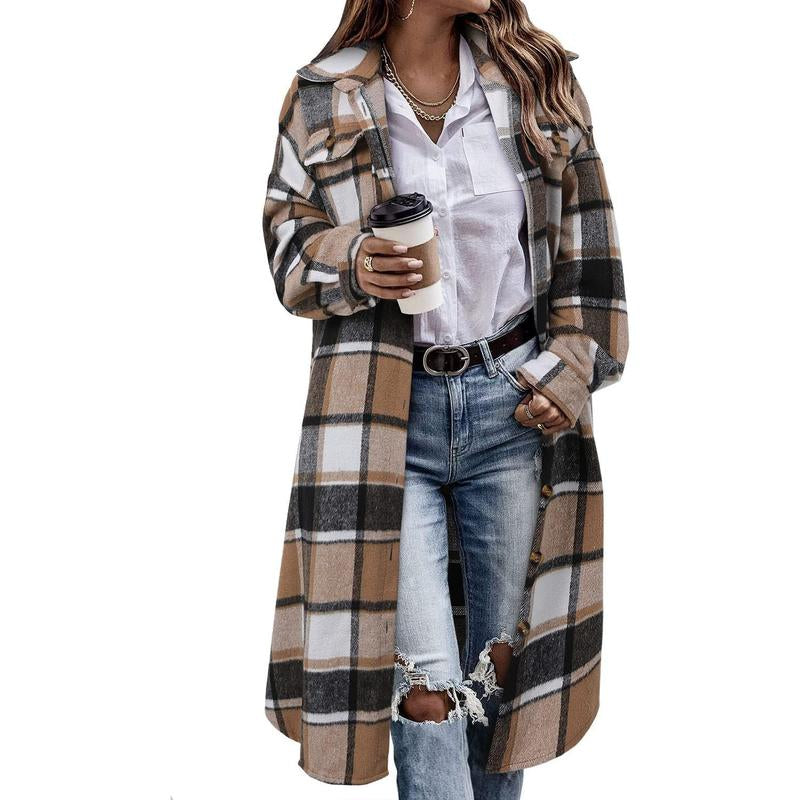 Stunshow Womens Plaid Shacket Jacket Long Corduroy Shirt Casual Lapel Button down Flannel Trench Coats