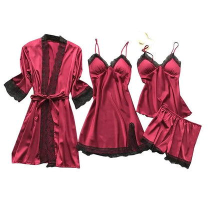 4PCS Sleepwear Pajamas Set Silk Women Nightdress Lace Dress Robe Sleep Nightwear Silk Solid Color Pijama Sets