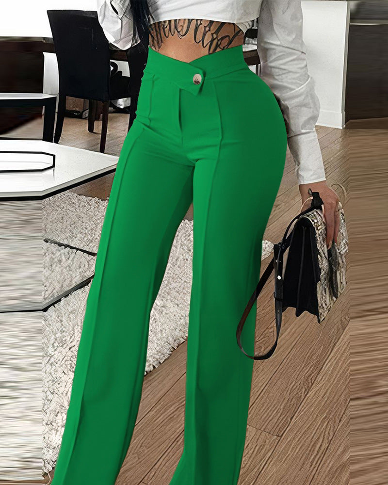 Slim Straight-Leg Pants with Buckle Fashion Solid Color Trousers for Womens Clothing