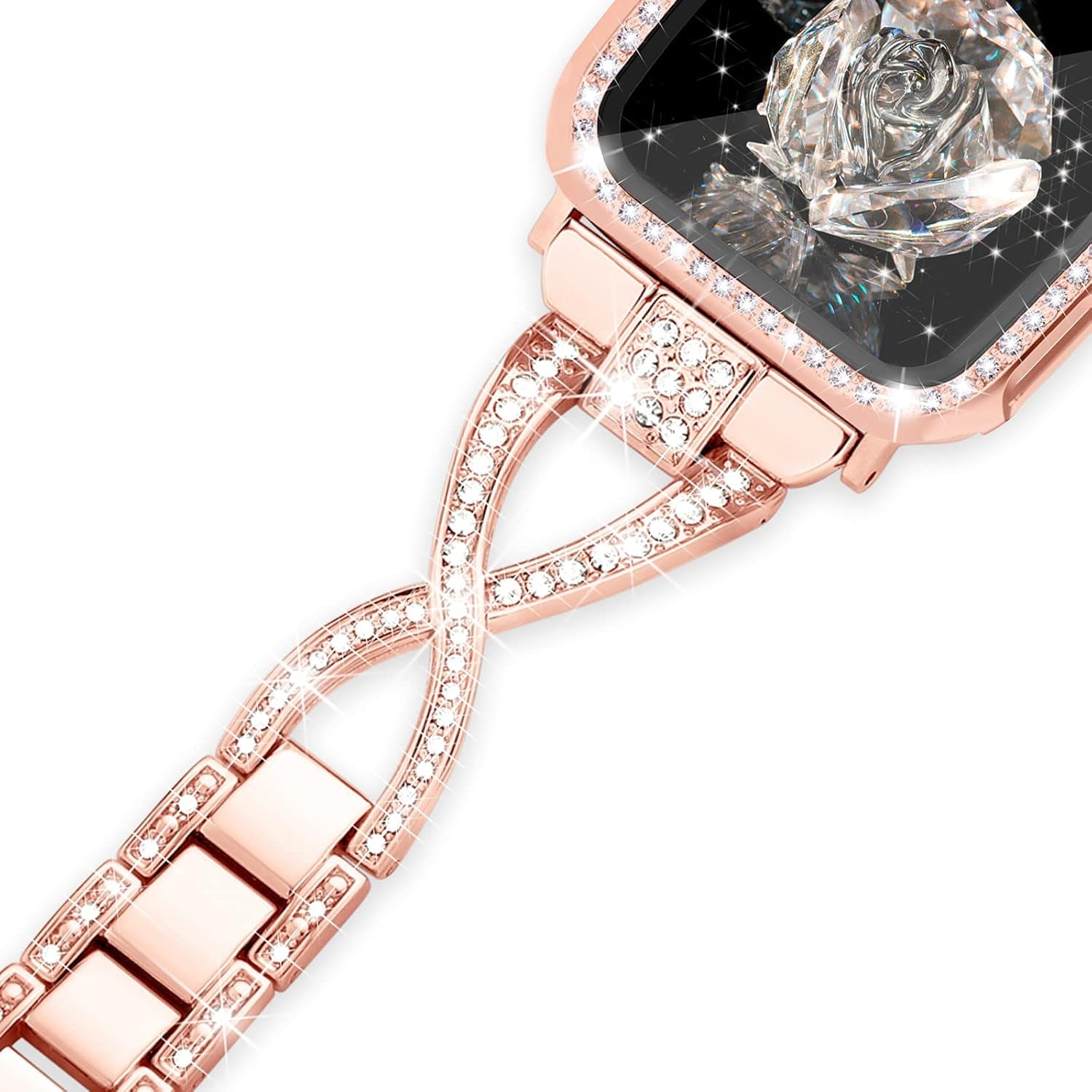 Dressy X Band for Apple Watch Bands 40Mm for Women with Bling Diamond Case, Metal Thin Iwatch Bands for Women, Designer Cute Band for Apple Watch SE Band Series 6 Band Series 5 4-Rose Gold