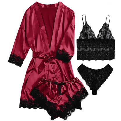 Sexy Lingerie,  Silk Satin Pajamas for Women, Womens Summer Pajamas Pjs Sets of 4 Pcs with Floral Lace Top Shorts and Robe, Gift for Women, Burgundy, XXL