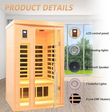 Far Infrared Sauna Room,Two Person Size, Hemlock Wooden Far Infrared Sauna for Home