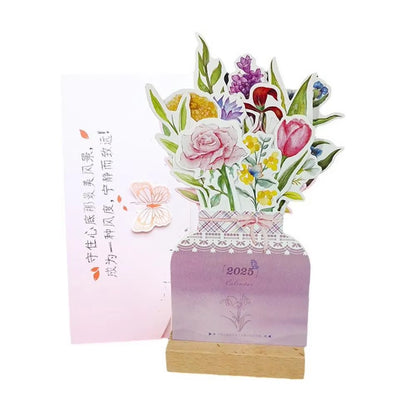 2025 Bloomy Flower Desk Calendar Creative Wooden Card Calendar High Quality Desktop Calendar Illustrator Decorate Supplies