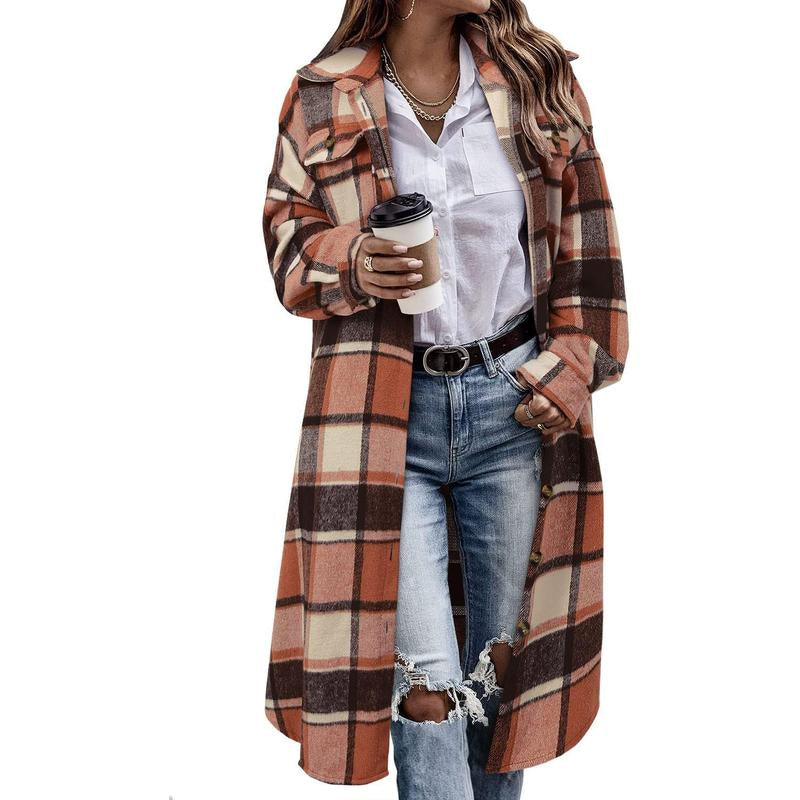 Stunshow Womens Plaid Shacket Jacket Long Corduroy Shirt Casual Lapel Button down Flannel Trench Coats